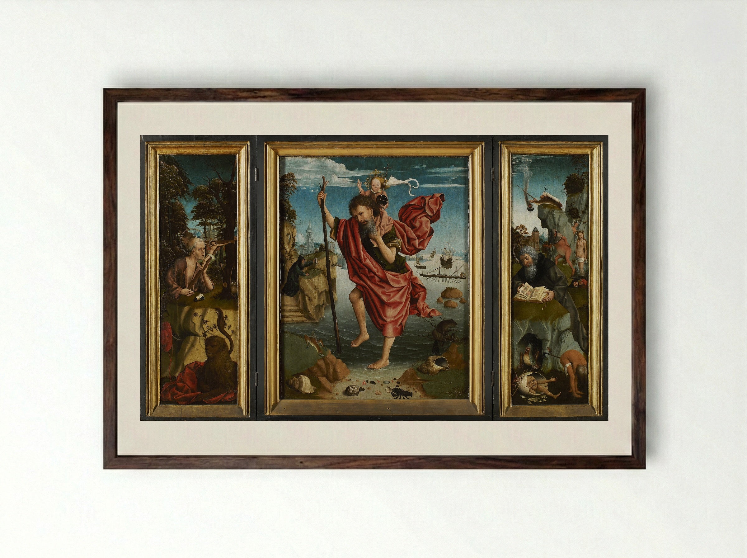 Triptych with Saint Christopher - Master of the Magdalen Legend - Framed Print Dark Wood