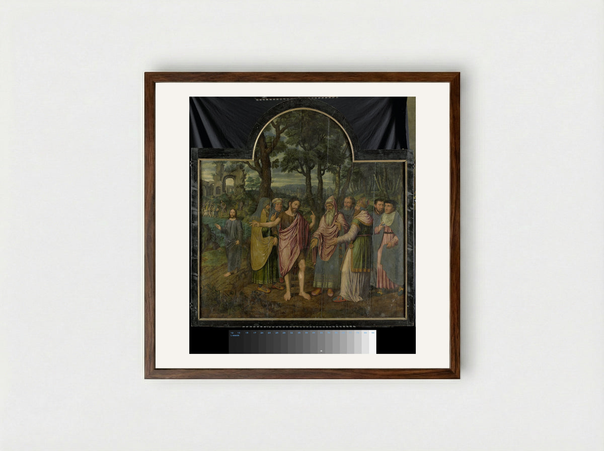 Triptych with Scenes from the Life of Saint John the Baptist - Jan van Coninxloo (II) - Framed Print Dark Wood