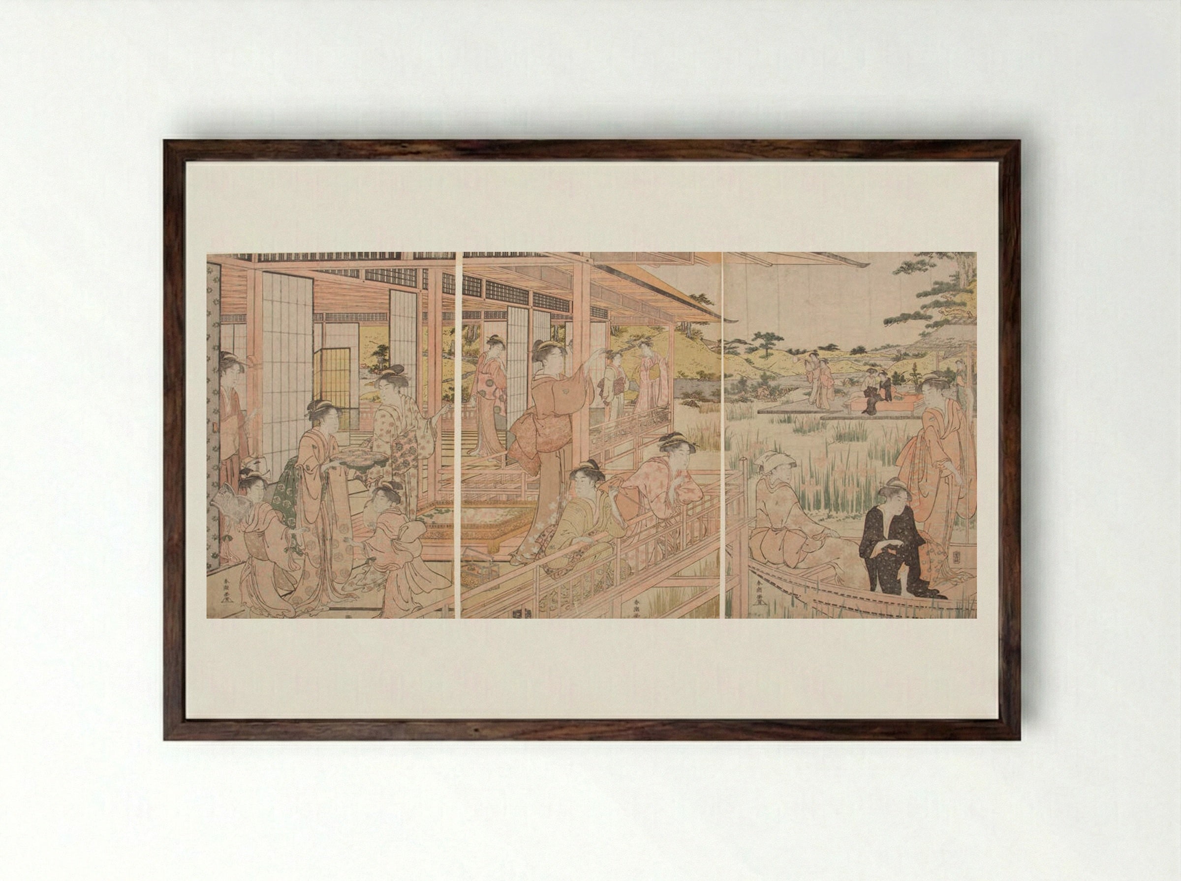 Triptych: Beauties on Verandah Admiring Iris Pond - Katsukawa Shunkō - Framed Print Dark Wood