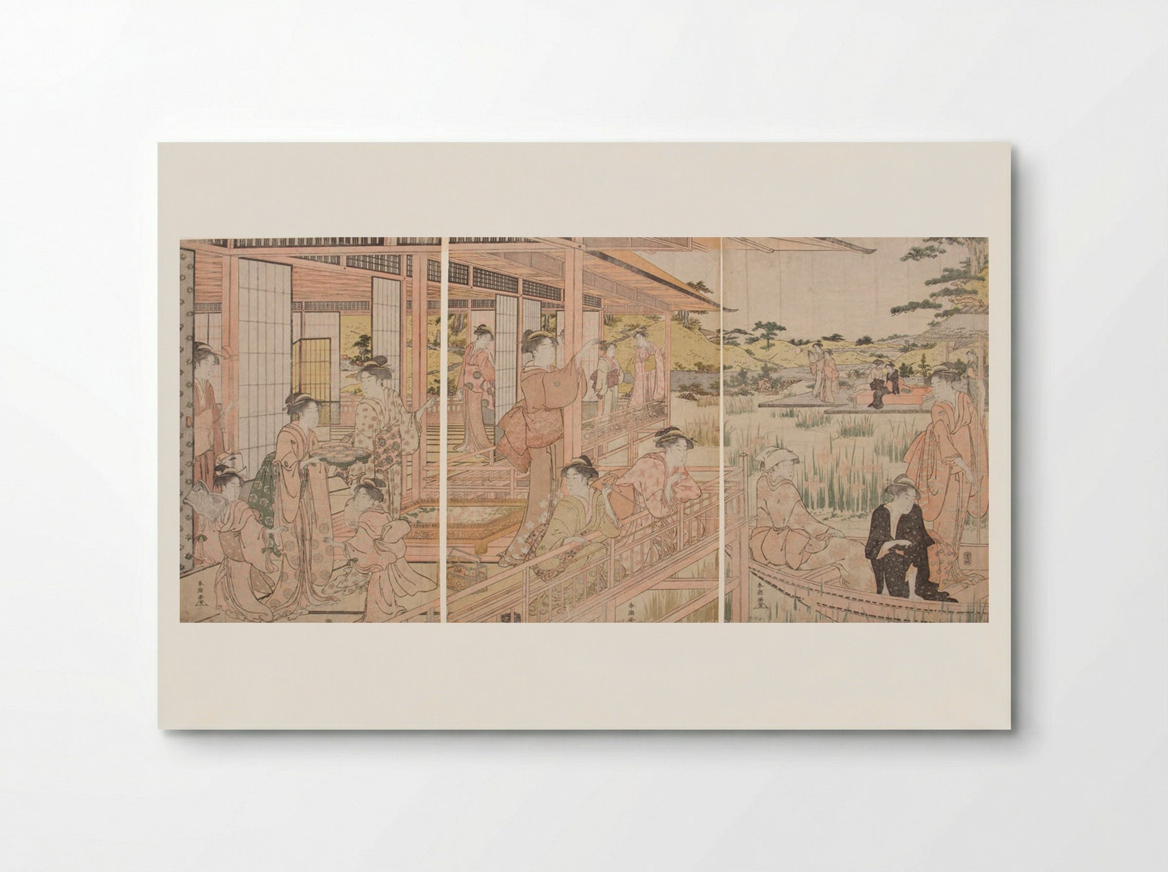 Triptych: Beauties on Verandah Admiring Iris Pond - Katsukawa Shunkō - Poster