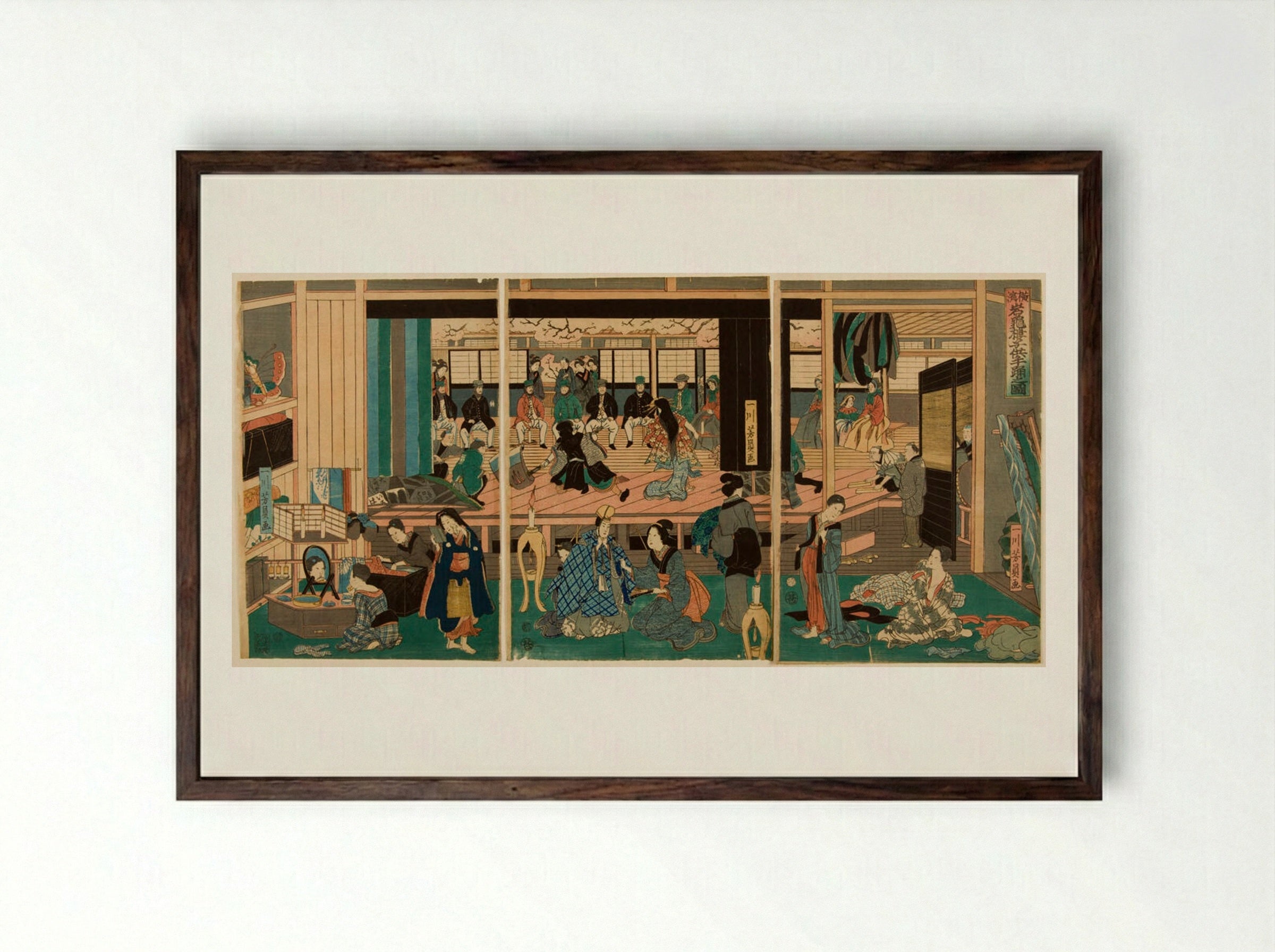 Triptych: Foreigners Enjoying Children's Kabuki at the Gankirō Tea House - Utagawa Yoshikazu - Framed Print Dark Wood