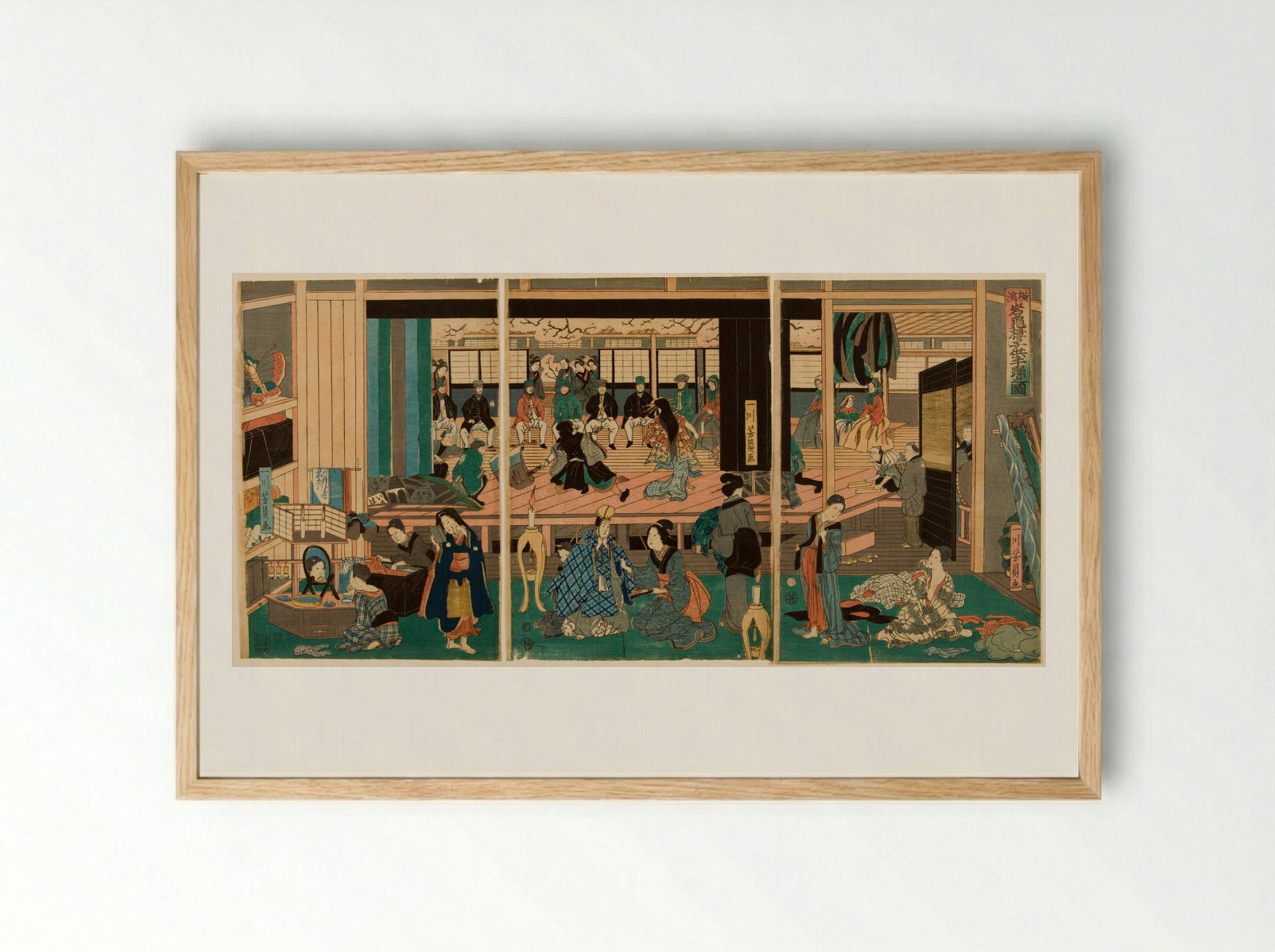 Triptych: Foreigners Enjoying Children's Kabuki at the Gankirō Tea House - Utagawa Yoshikazu - Framed Print Wood