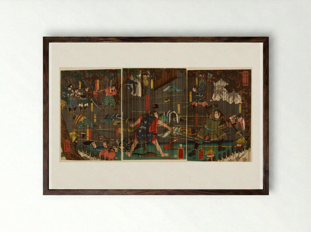 Triptych: Nocturnal Battle in Rain - Utagawa Yoshikazu - Framed Print Dark Wood