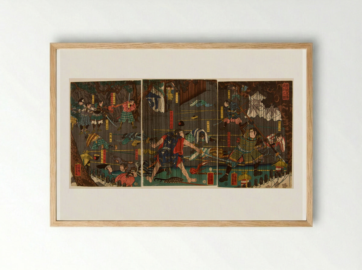 Triptych: Nocturnal Battle in Rain - Utagawa Yoshikazu - Framed Print Wood