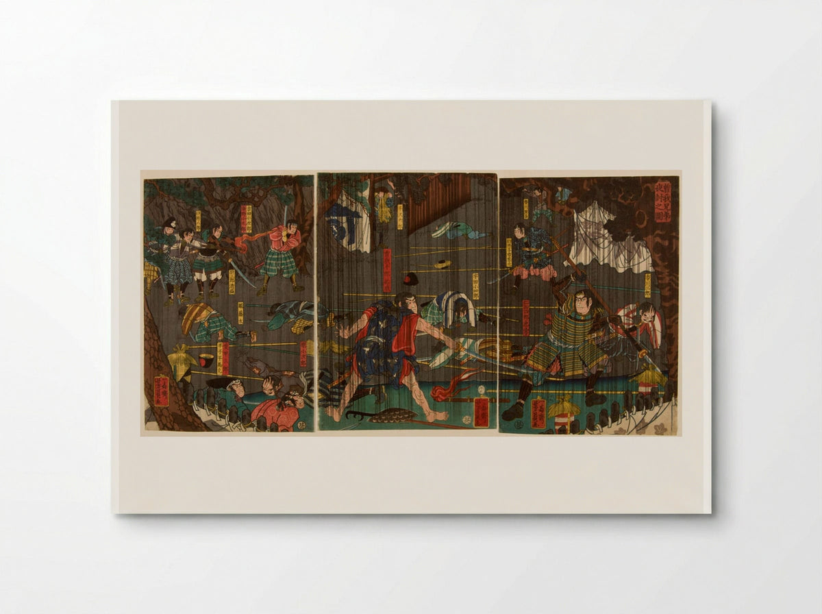 Triptych: Nocturnal Battle in Rain - Utagawa Yoshikazu - Poster