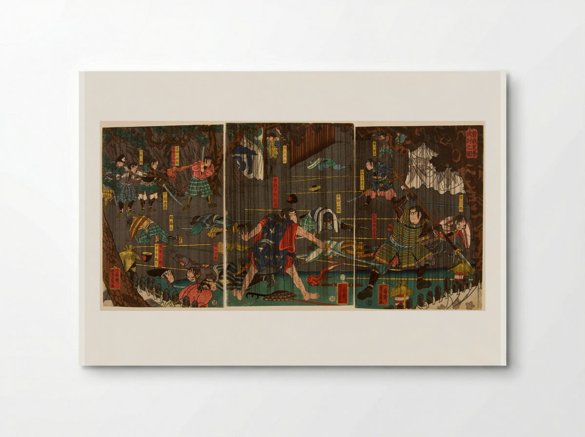 Triptych: Nocturnal Battle in Rain - Utagawa Yoshikazu - Poster
