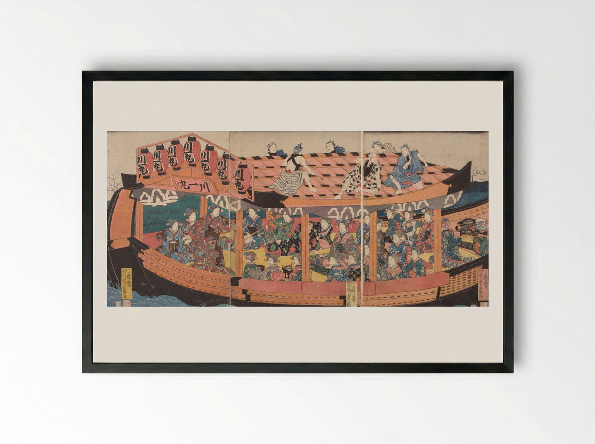 Triptych: Pleasure Barge with Laborers on Roof - Utagawa Yoshikazu - Framed Print Black