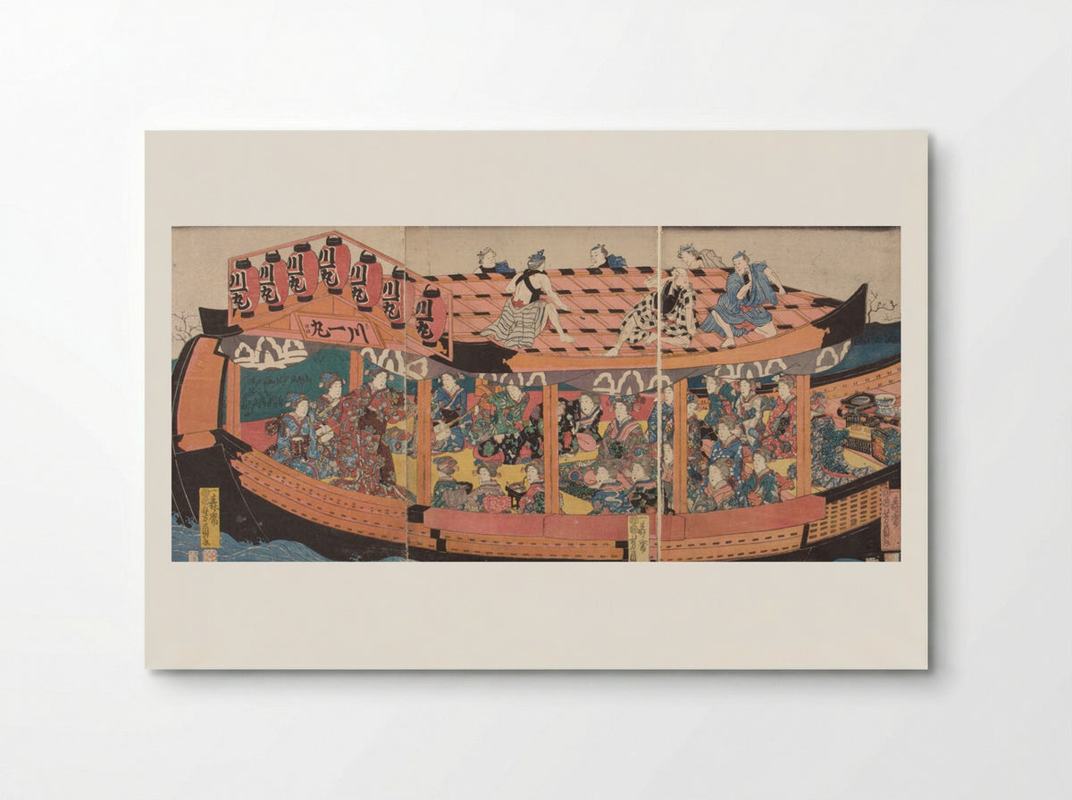Triptych: Pleasure Barge with Laborers on Roof - Utagawa Yoshikazu - Poster