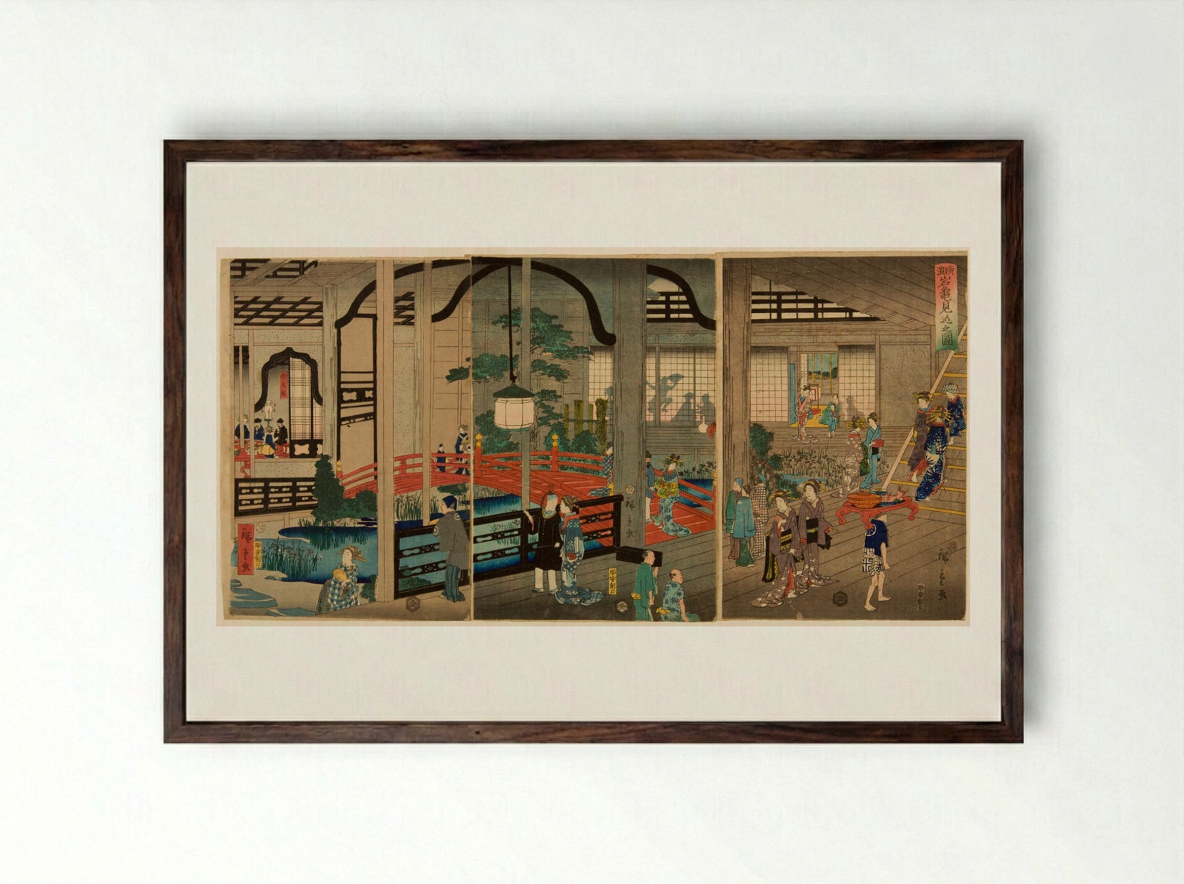 Triptych: View of the Interior of the Gankirō Tea House in Yokohama - Utagawa Hiroshige II - Framed Print Dark Wood