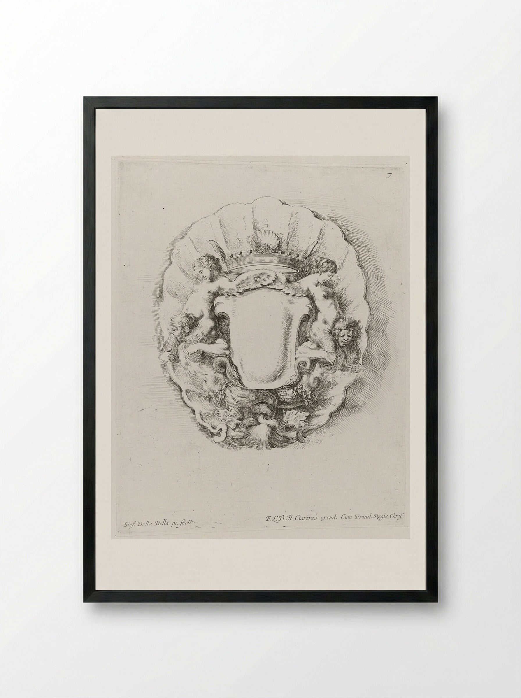 Tritons and Nereids in a Scallop Shell, with a Crown - Stefano Della Bella - Framed Print Black