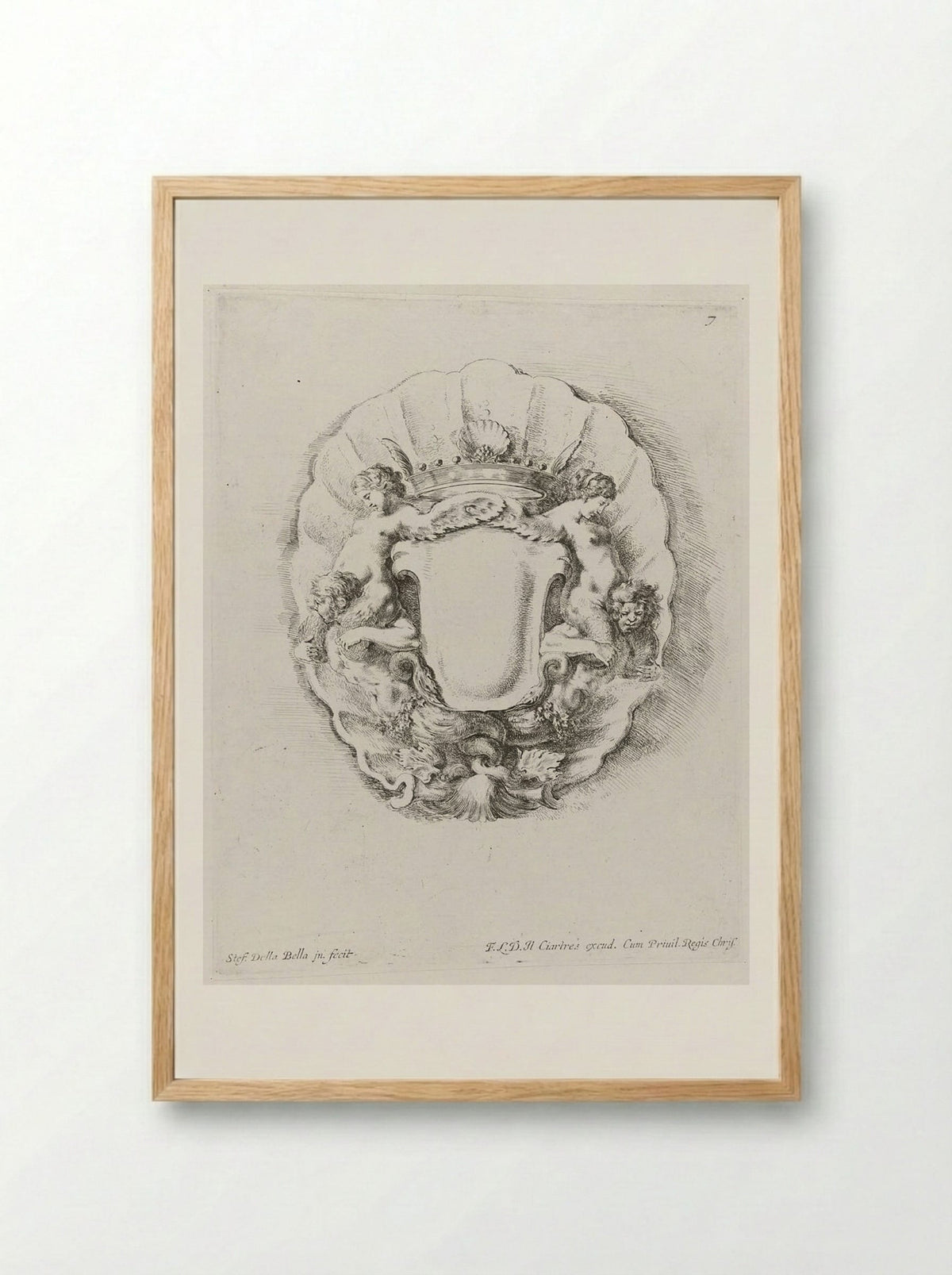 Tritons and Nereids in a Scallop Shell, with a Crown - Stefano Della Bella - Framed Print Wood