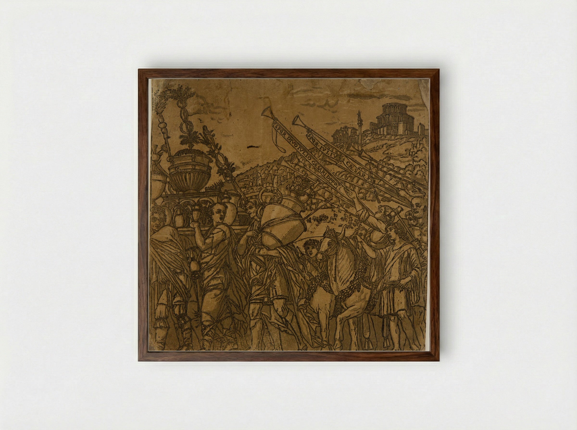 Triumph with Sacrificial Bulls and Musicians - Andrea Andreani - Framed Print Dark Wood