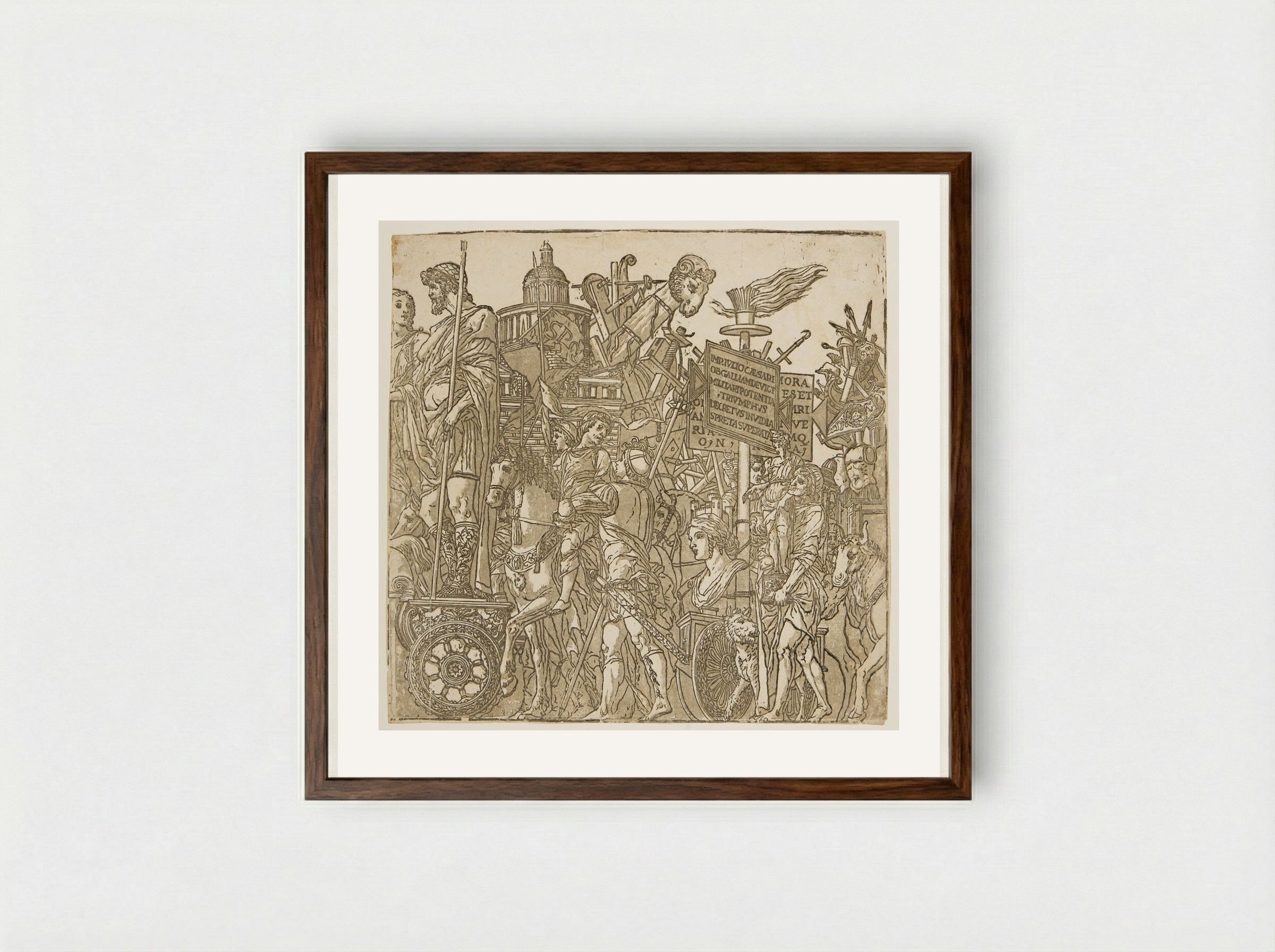 Triumph with a Chariot and Men Carrying a Statue - Andrea Andreani - Framed Print Dark Wood