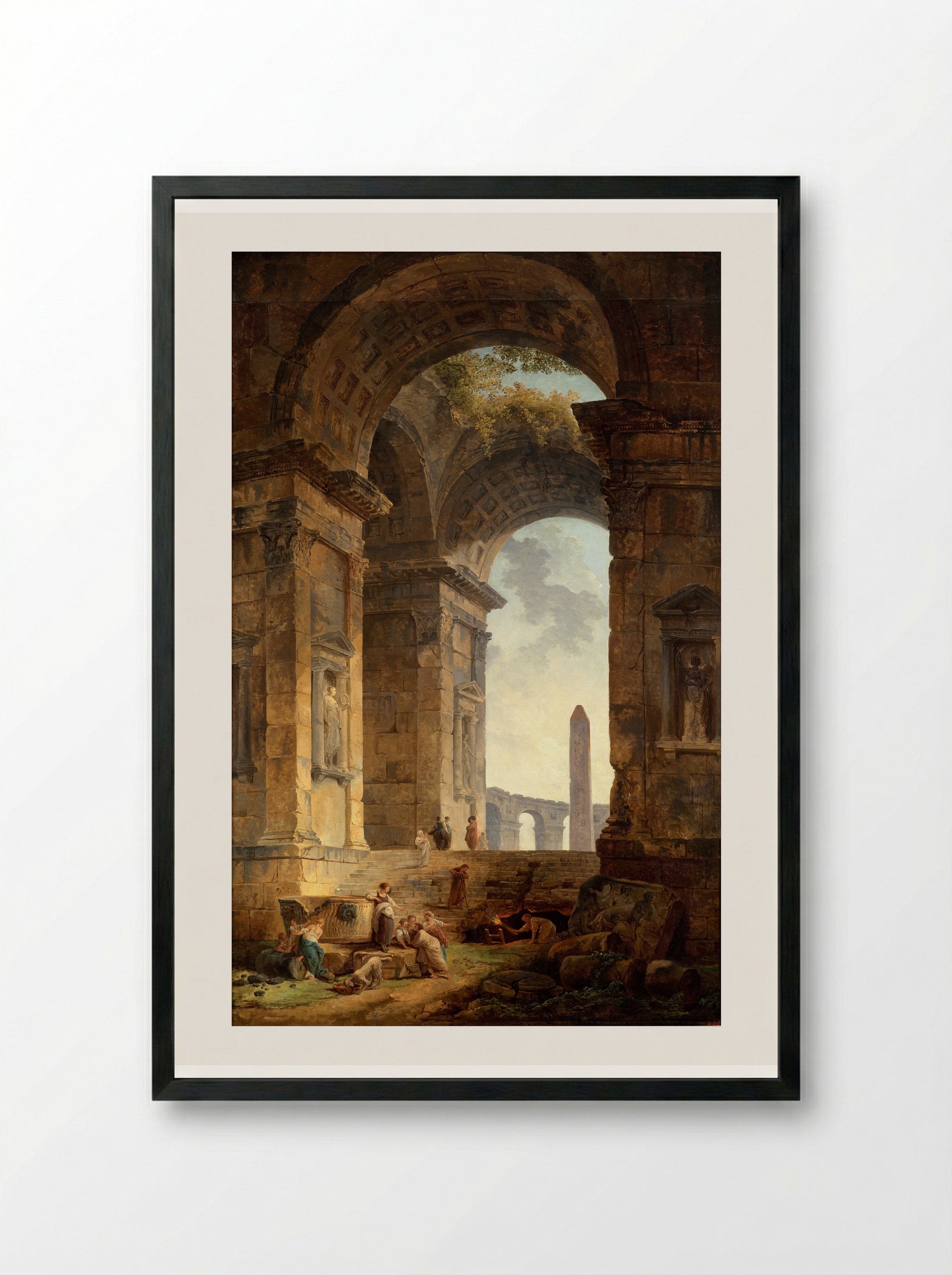 Triumphal Arch and Ruins with the Pantheon in the Distance - Hubert Robert - Framed Print Black