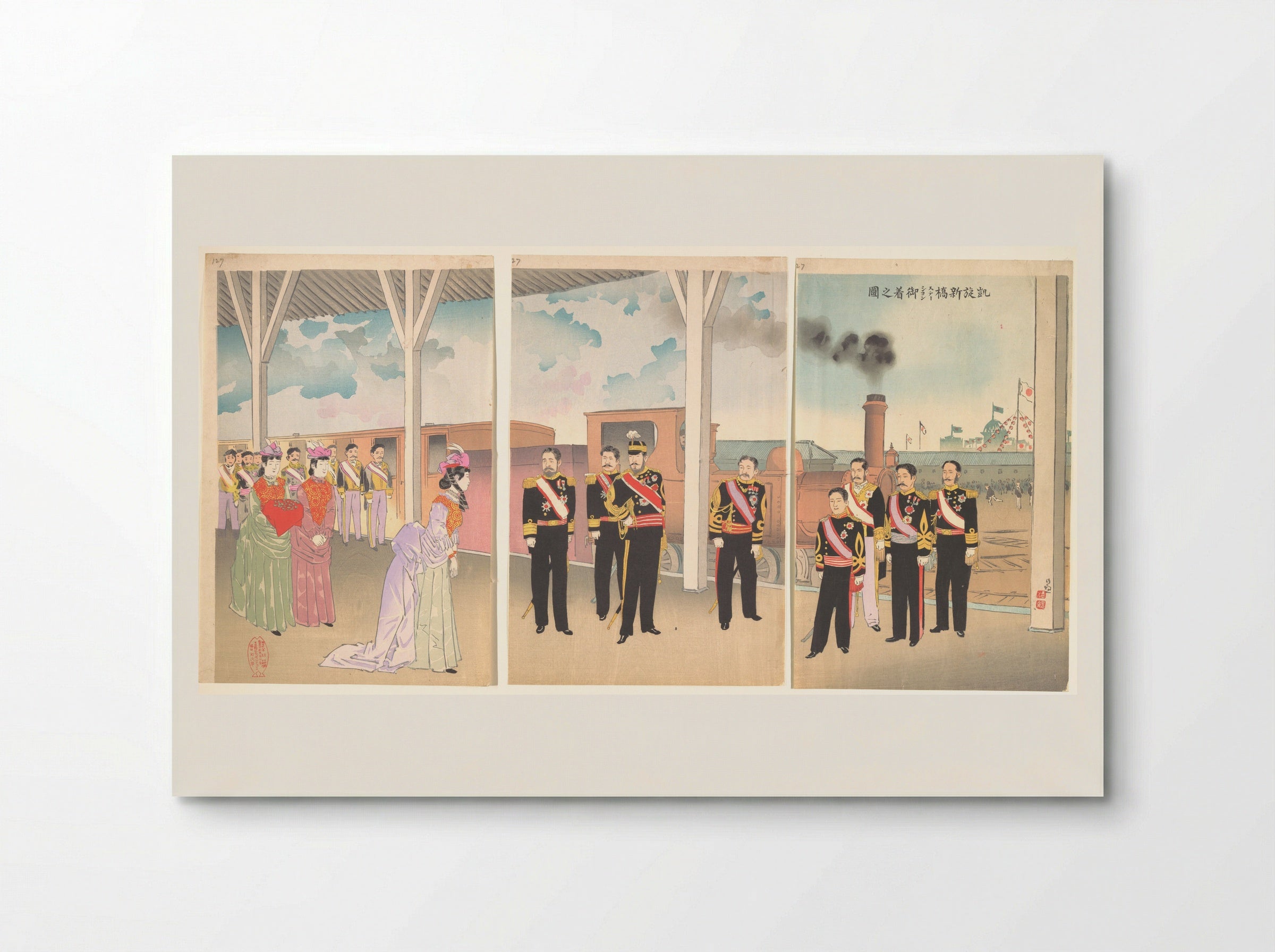 Triumphant Arrival of the Emperor at Shinbashi Station - Kobayashi Kiyochika - Poster