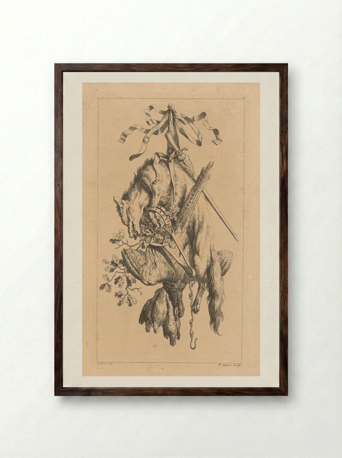 Trofee met vos en vogels - François Vivares - Framed Print Dark Wood