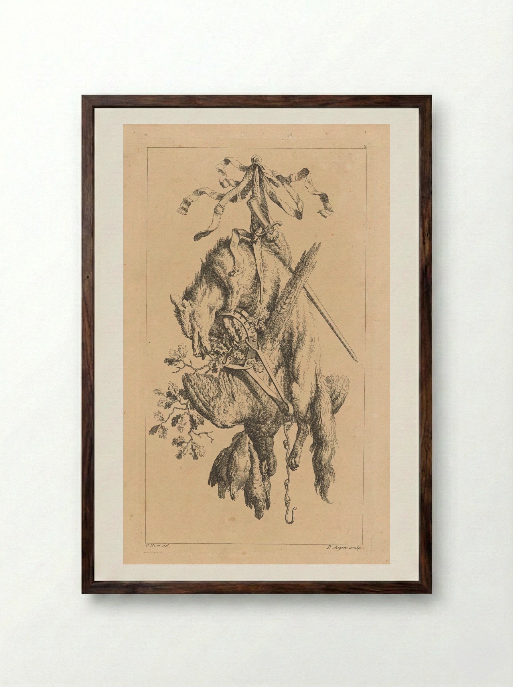 Trofee met vos en vogels - François Vivares - Framed Print Dark Wood