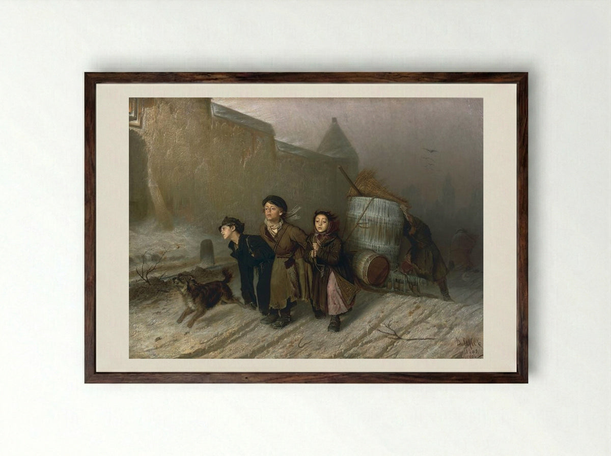 Troika. Apprentice Workmen Carrying Water - Vasily Perov - Framed Print Dark Wood