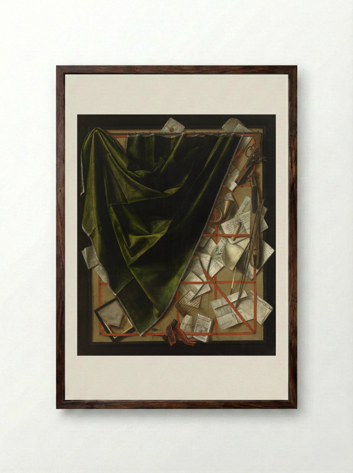 Trompe l'oeil with Letter Rack and Curtain - Cornelis Norbertus Gysbrechts - Framed Print Dark Wood