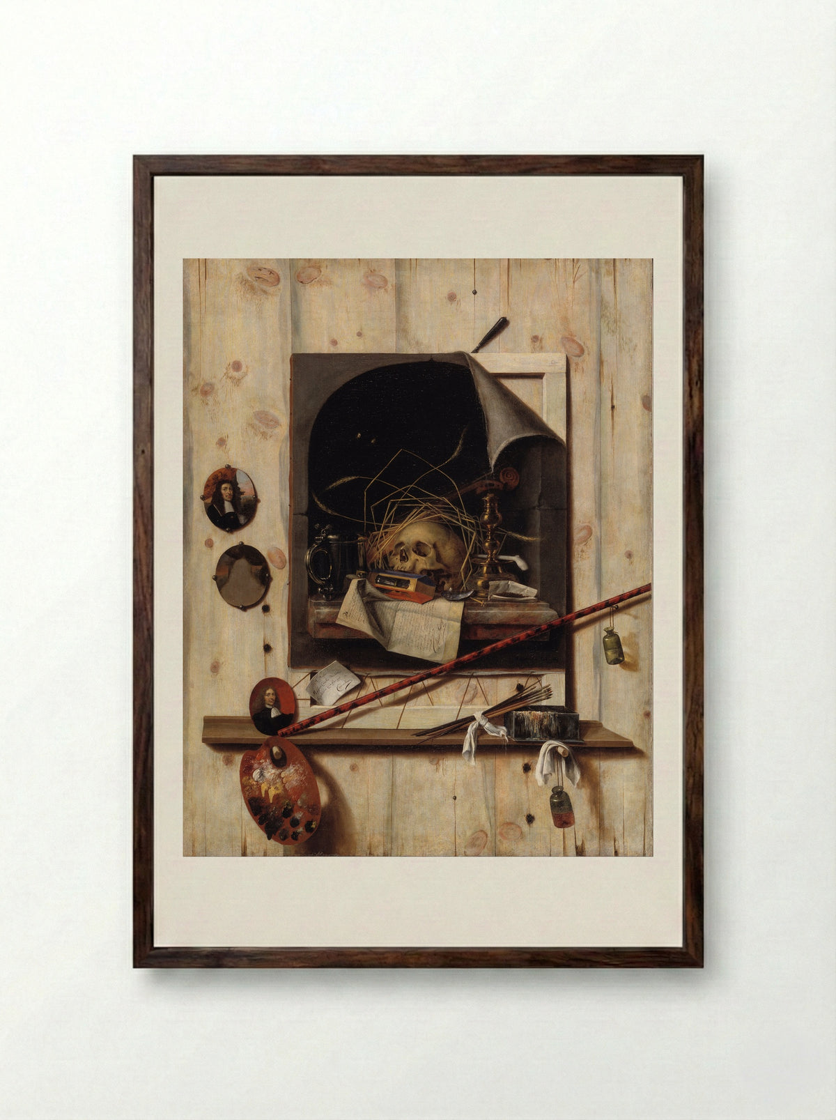 Trompe l'oeil with Studio Wall and Vanitas Still Life - Cornelis Norbertus Gysbrechts - Framed Print Dark Wood