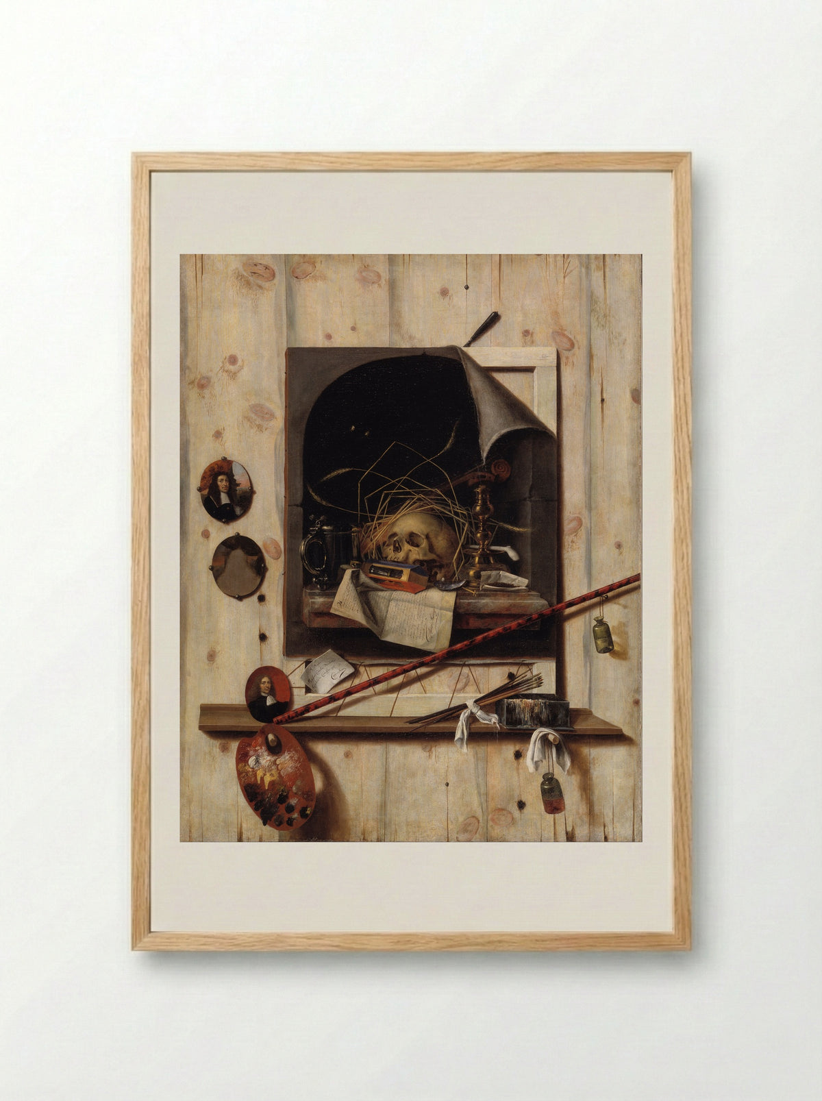 Trompe l'oeil with Studio Wall and Vanitas Still Life - Cornelis Norbertus Gysbrechts - Framed Print Wood