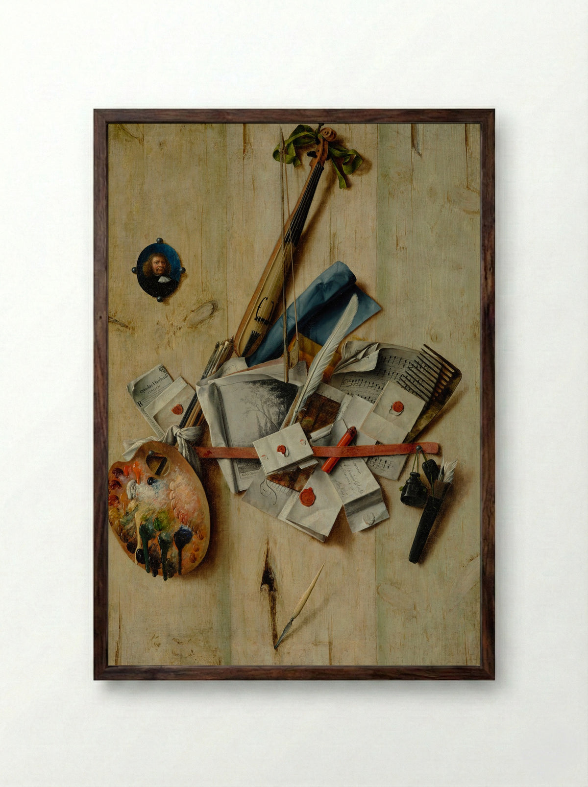Trompe l'oeil with violin, painter's implements and self-portrait - Cornelis Norbertus Gysbrechts - Framed Print Dark Wood