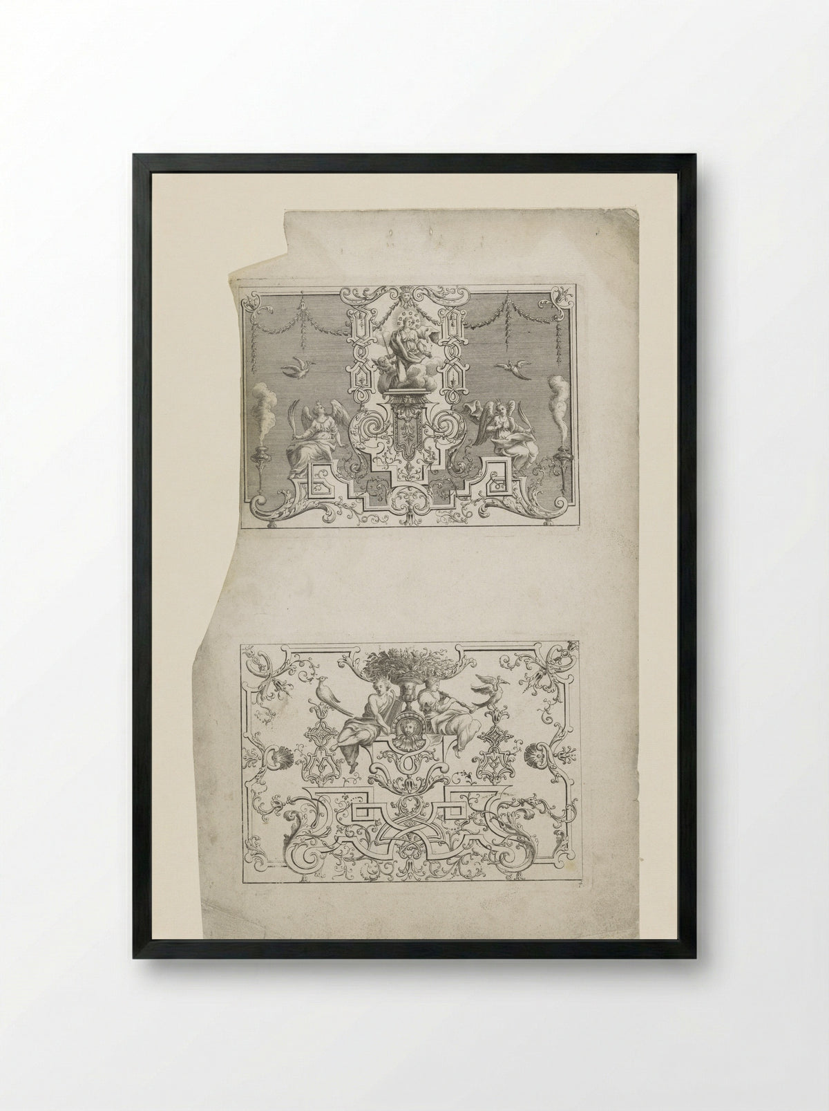 Tronende vrouw en twee musicerende figuren bij een vaas - Johann Christoph Weigel - Framed Print Black