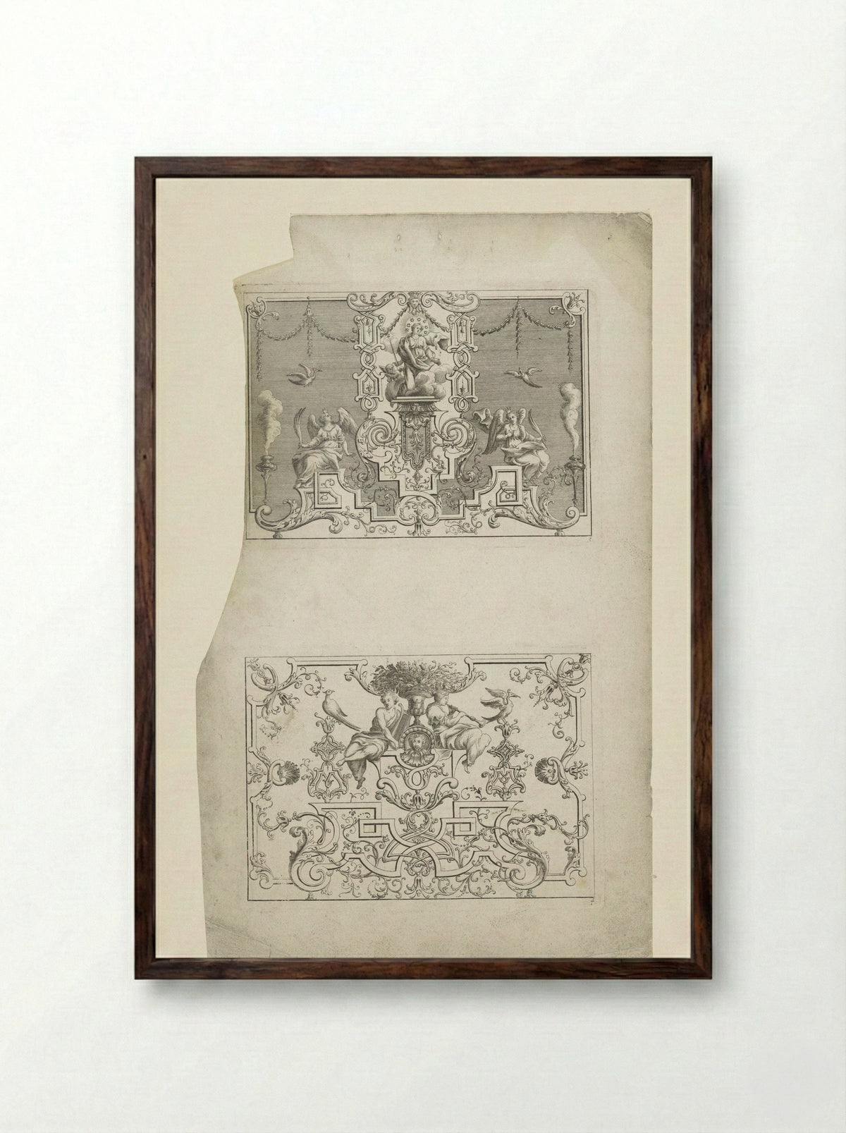 Tronende vrouw en twee musicerende figuren bij een vaas - Johann Christoph Weigel - Framed Print Dark Wood