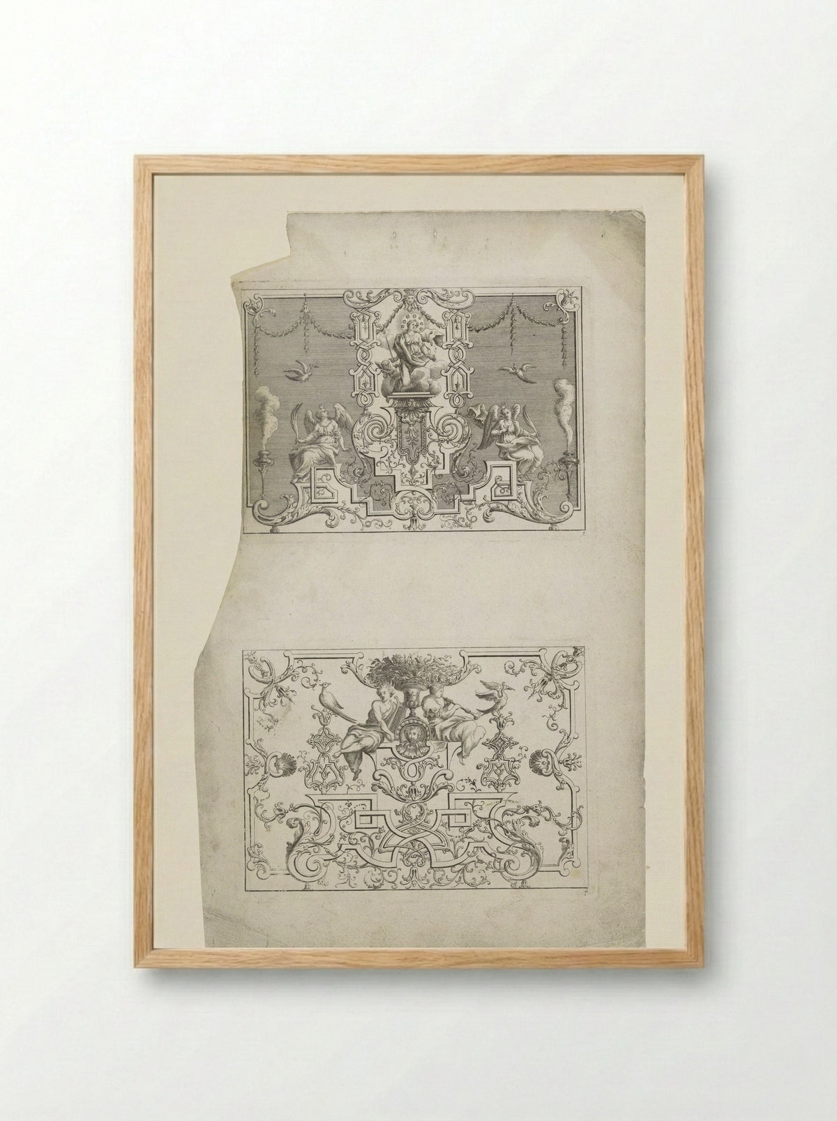 Tronende vrouw en twee musicerende figuren bij een vaas - Johann Christoph Weigel - Framed Print Wood