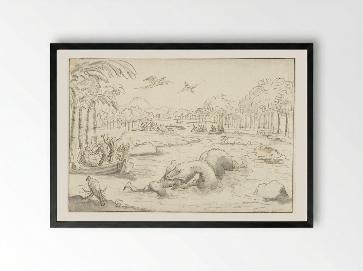 Tropical Scene with a Sea Serpent Devouring a Man - Caspar Luyken - Framed Print Black