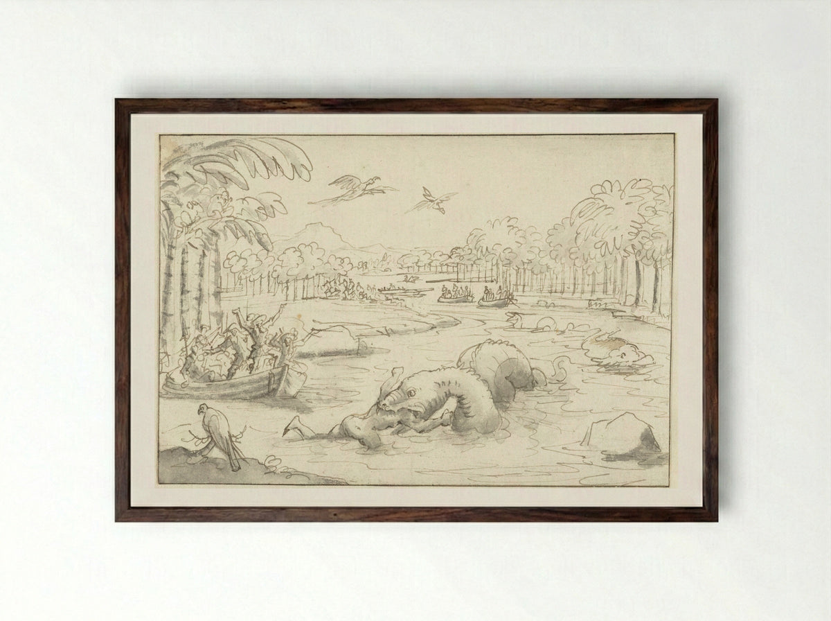 Tropical Scene with a Sea Serpent Devouring a Man - Caspar Luyken - Framed Print Dark Wood