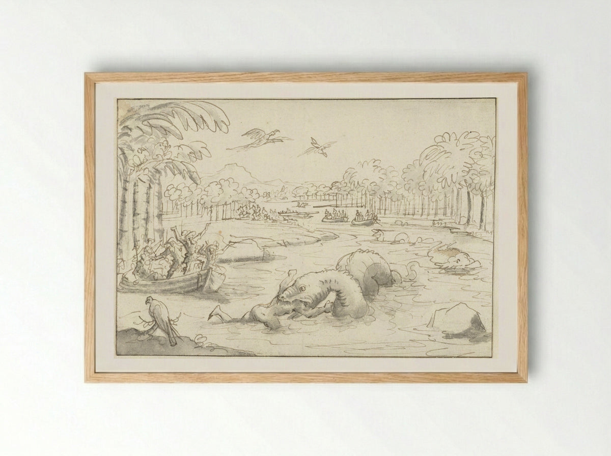 Tropical Scene with a Sea Serpent Devouring a Man - Caspar Luyken - Framed Print Wood