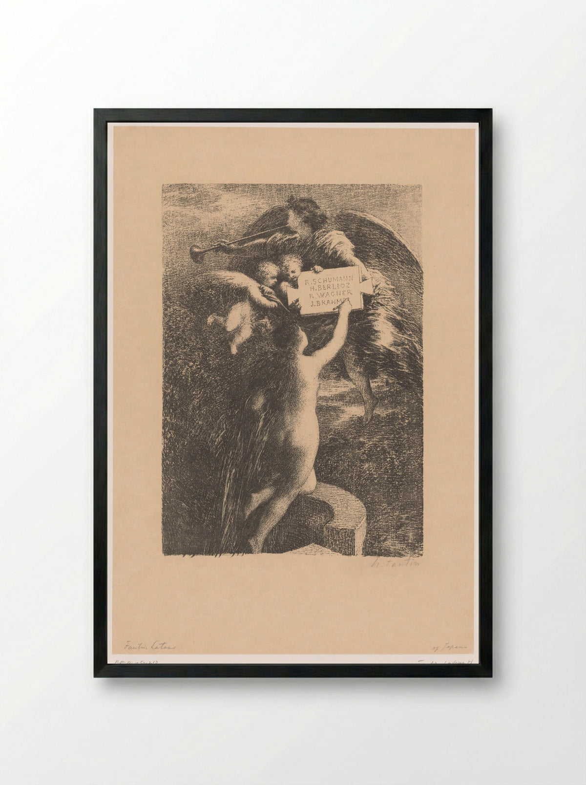 Truth Engraving the Names of Four Composers in Stone - Henri Fantin-Latour - Framed Print Black
