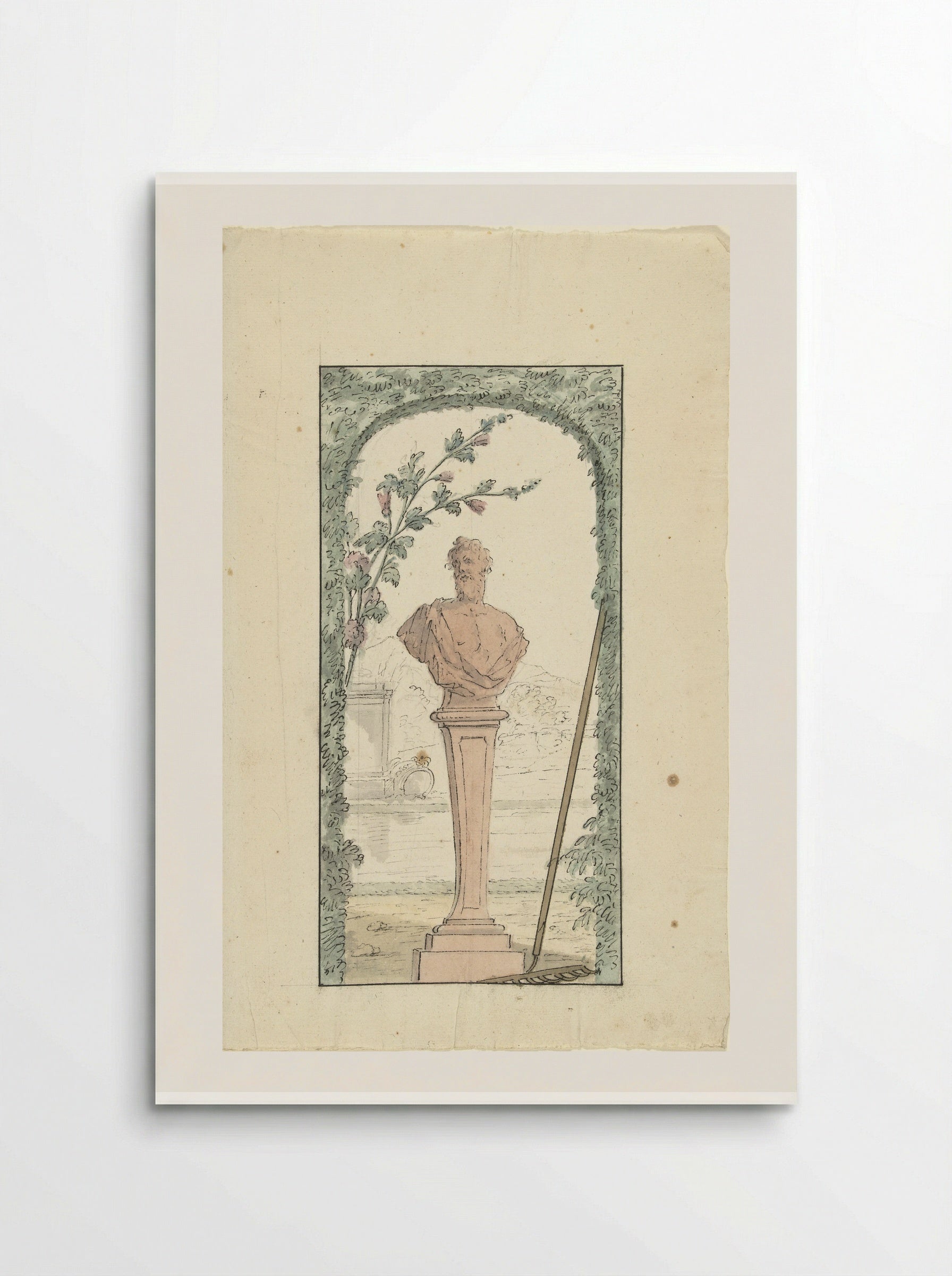 Tuinbeeld op voetstuk in een nis van geschoren haag - Elias van Nijmegen - Poster