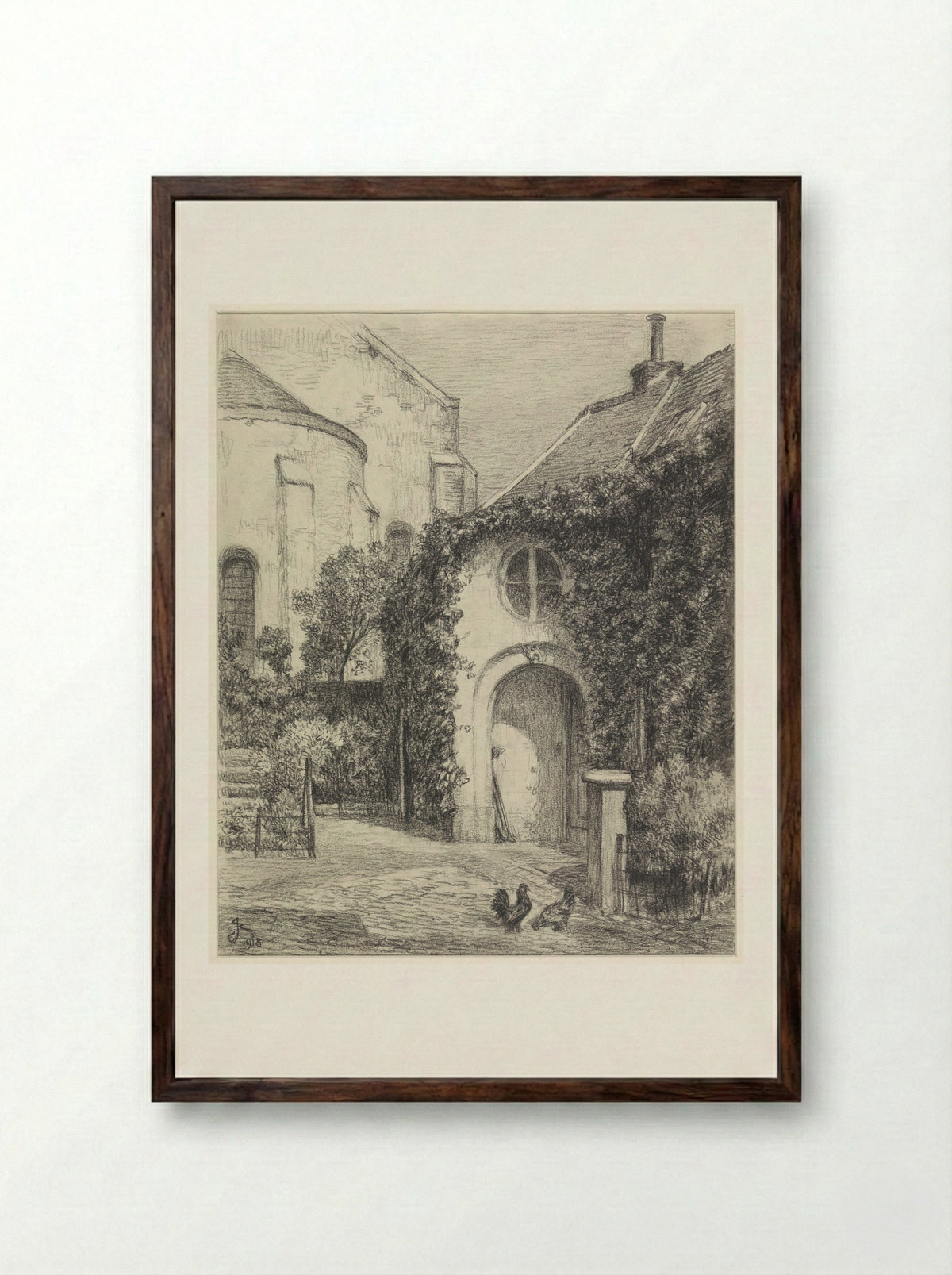 Tuinportaal aan de achterzijde van een kerk - René Janssens - Framed Print Dark Wood