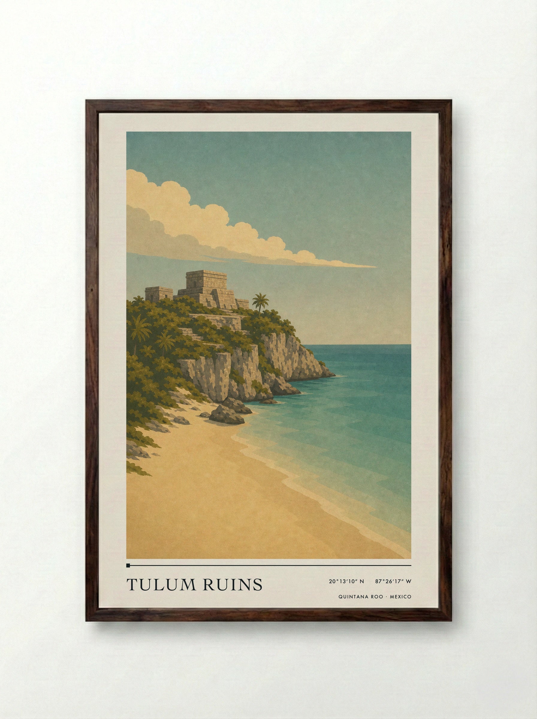 Tulum Ruins Travel Poster Artwork - Framed Print Dark Wood