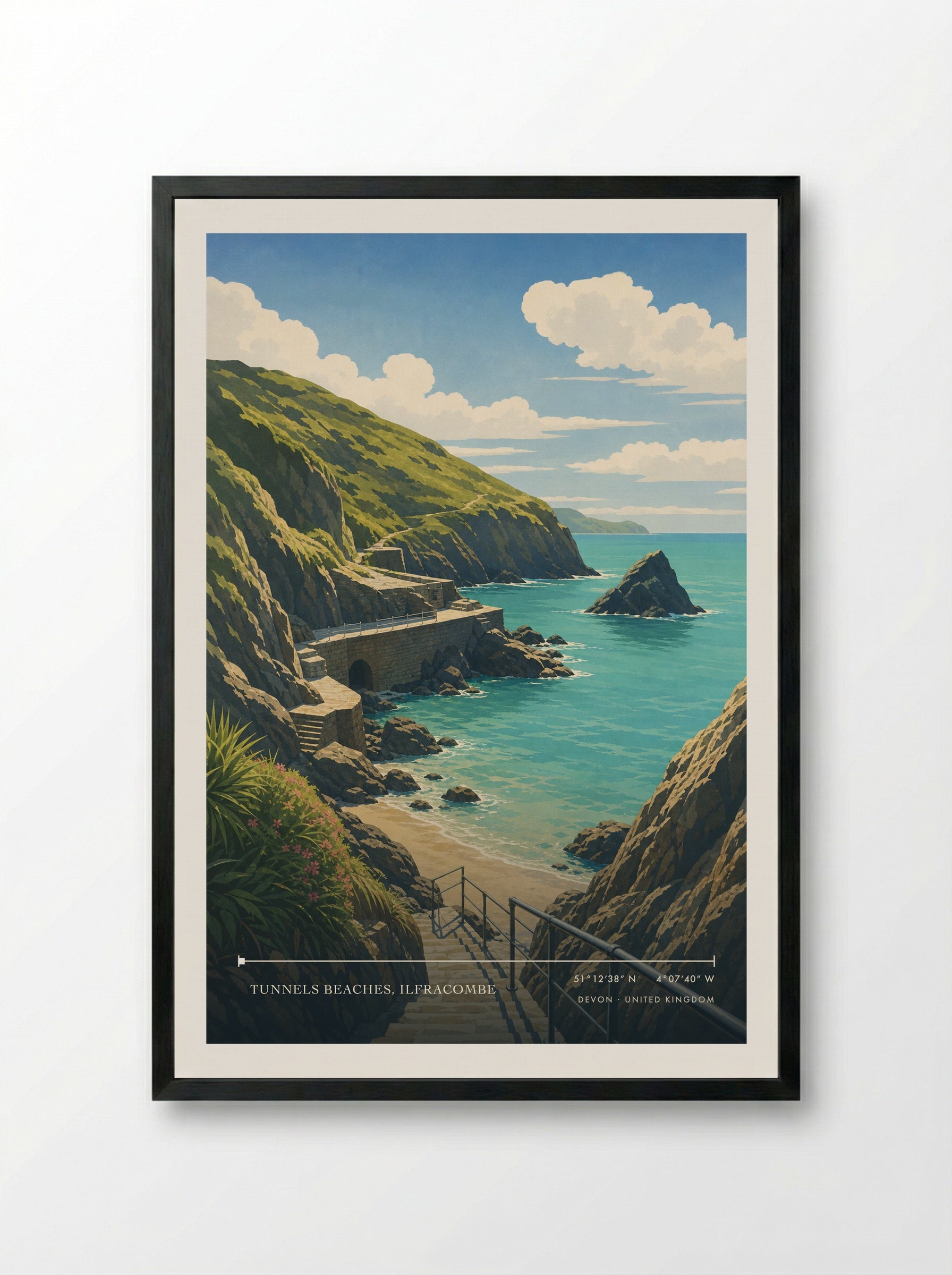 Tunnels Beaches, Ilfracombe Devon United Kingdom Travel Poster - Framed Print Black