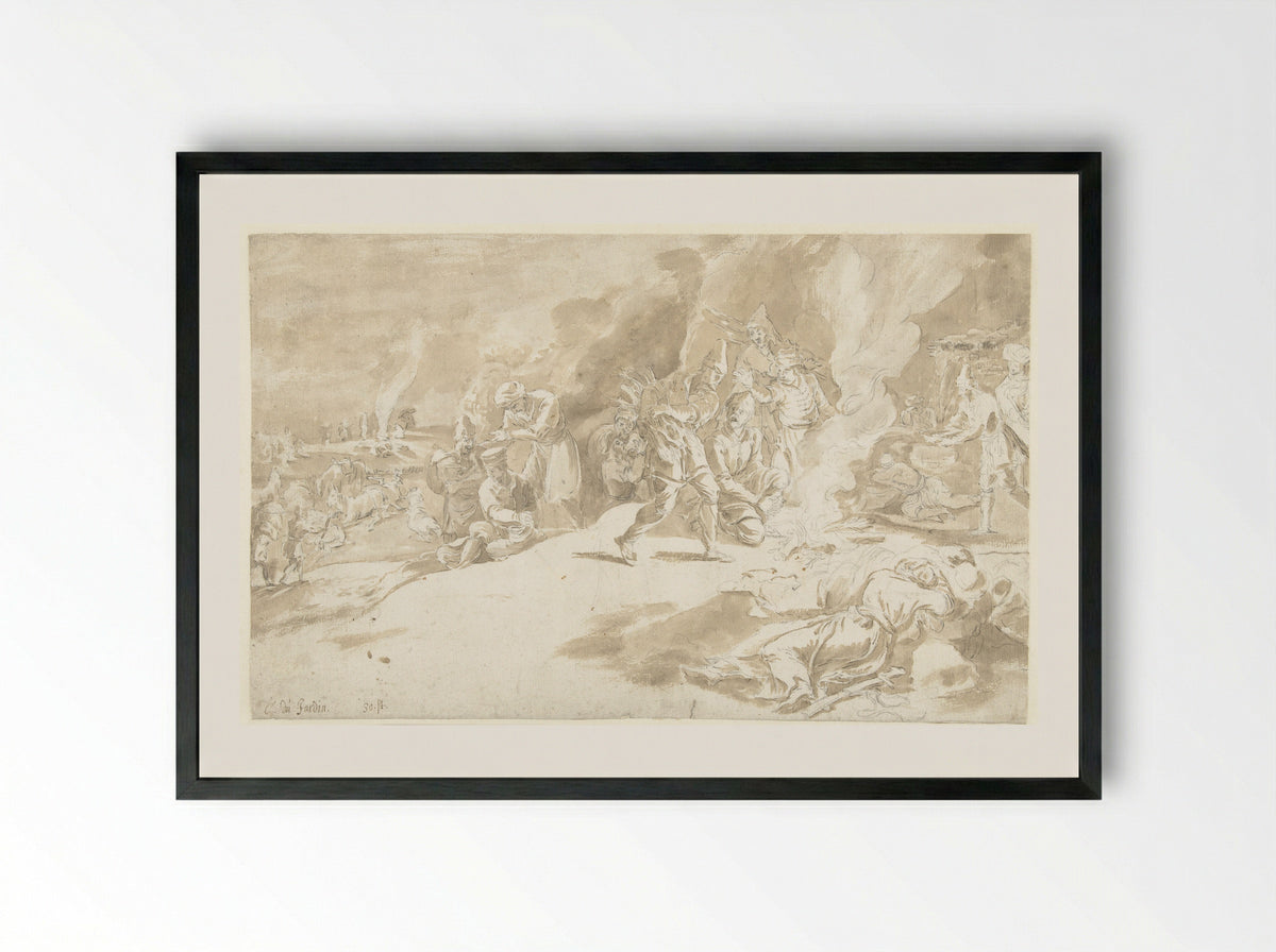 Turkish Soldiers Around a Campfire - Guilliam du Gardijn - Framed Print Black