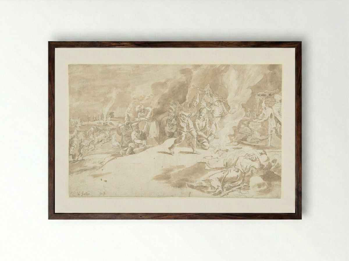 Turkish Soldiers Around a Campfire - Guilliam du Gardijn - Framed Print Dark Wood