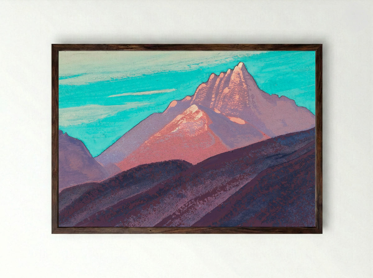 Turquoise Sky, Pink Mountains, Purple Foot - Nicholas Roerich - Framed Print Dark Wood
