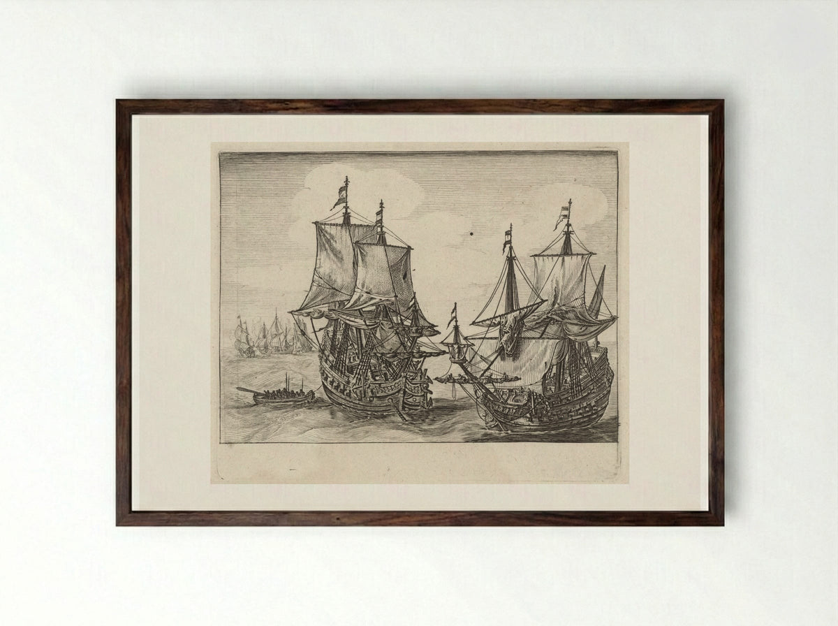 Twee Nederlandse oorlogsschepen voor anker - Salomon Savery - Framed Print Dark Wood