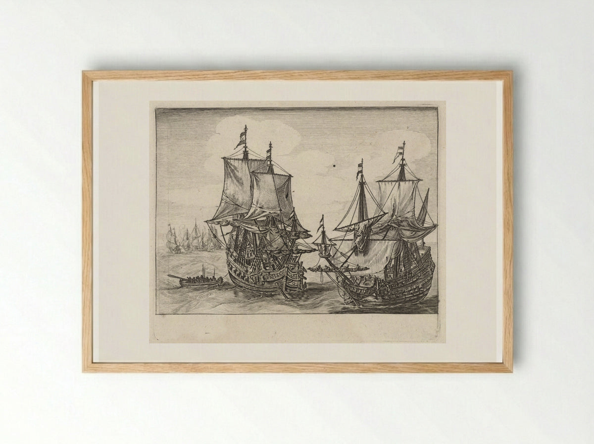 Twee Nederlandse oorlogsschepen voor anker - Salomon Savery - Framed Print Wood