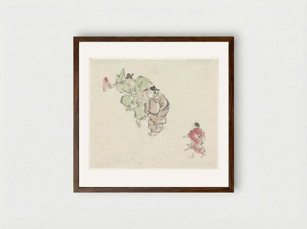 Twee dansers en een kind - Utagawa Kuniyoshi - Framed Print Dark Wood