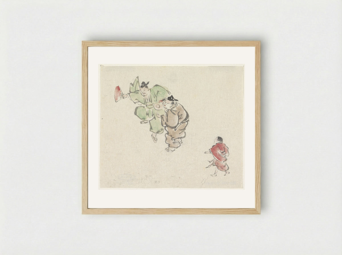 Twee dansers en een kind - Utagawa Kuniyoshi - Framed Print Wood