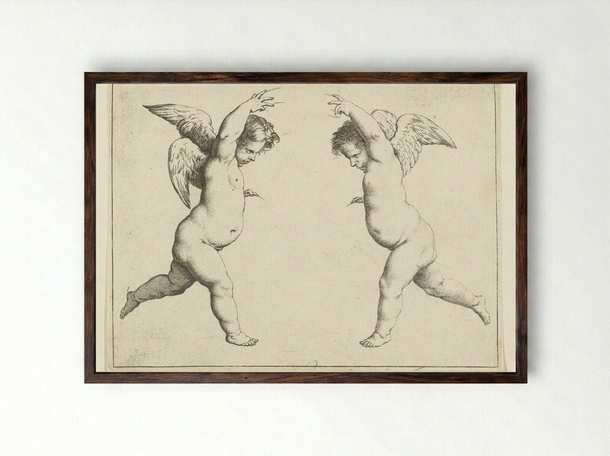 Twee engelen tegenover elkaar - Pieter van Avont - Framed Print Dark Wood