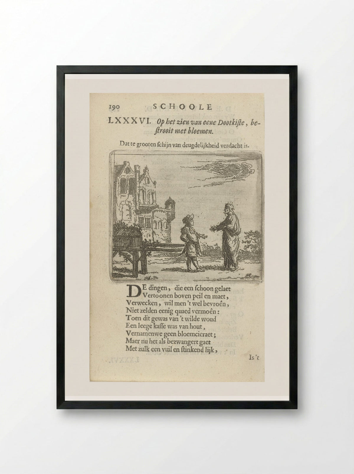 Twee figuren bij een doodskist op een draagbaar - Arnold Houbraken - Framed Print Black