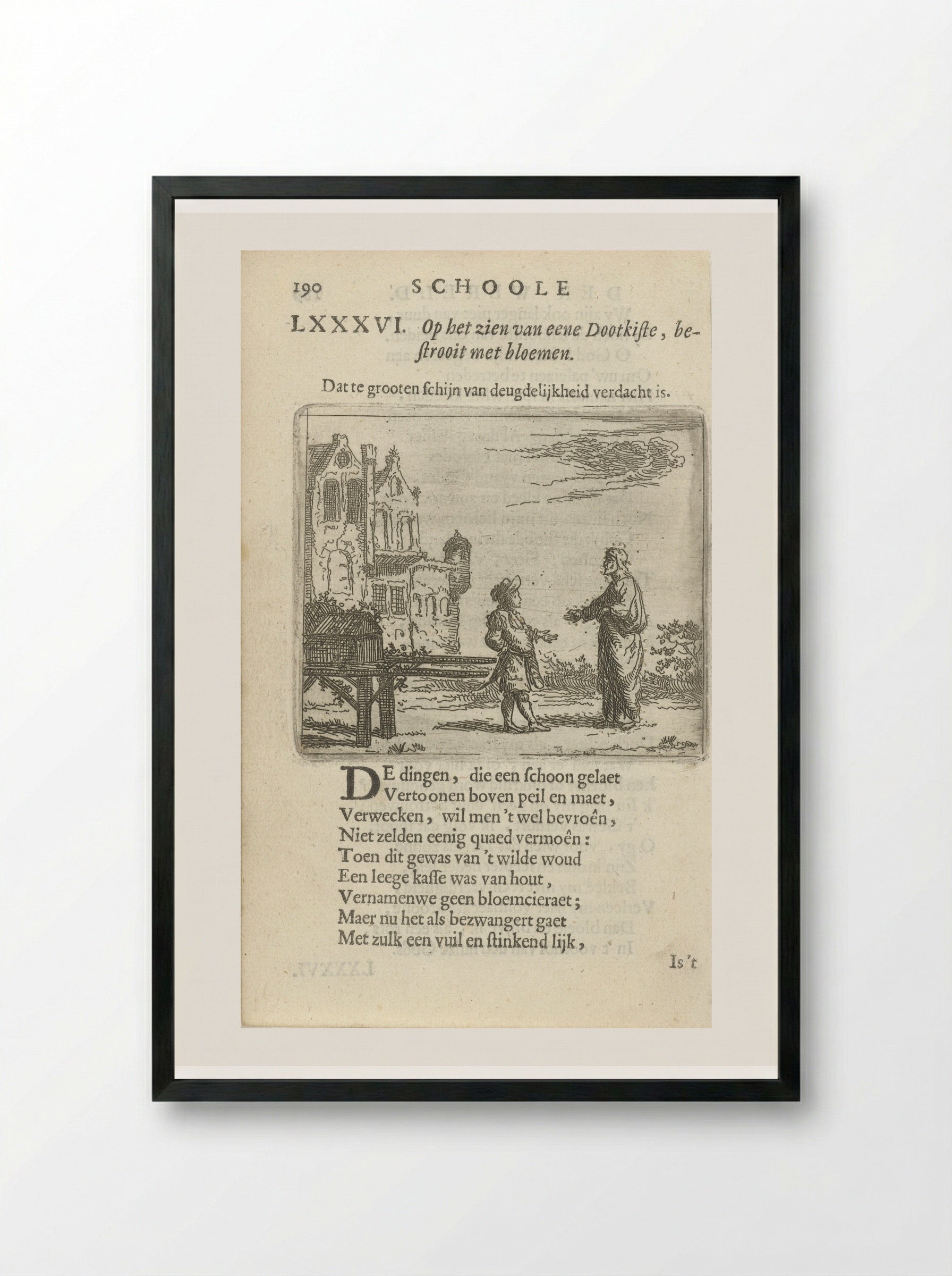 Twee figuren bij een doodskist op een draagbaar - Arnold Houbraken - Framed Print Black