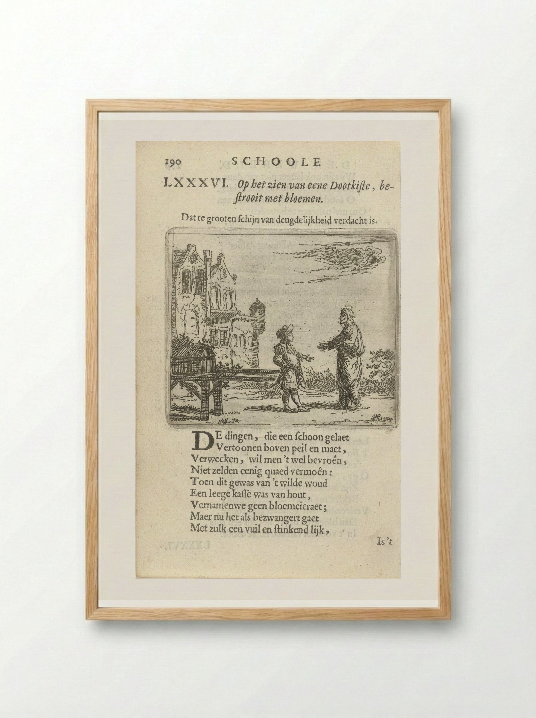 Twee figuren bij een doodskist op een draagbaar - Arnold Houbraken - Framed Print Wood