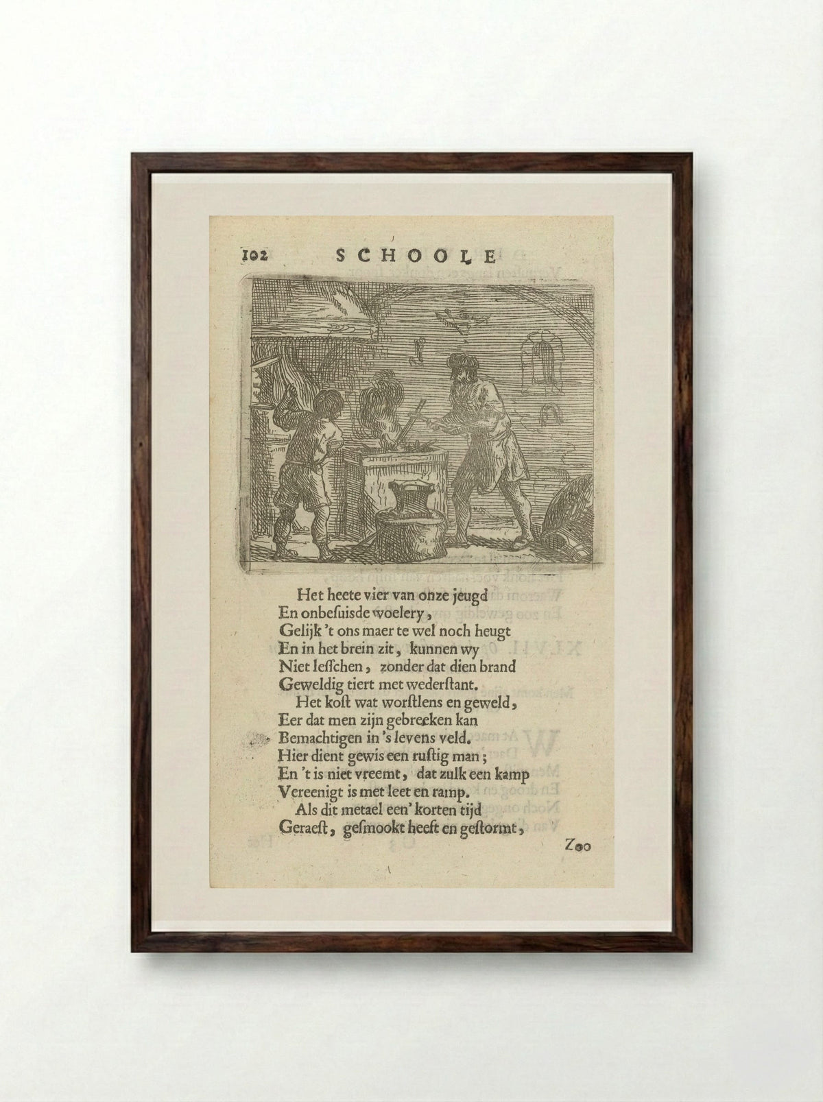 Twee figuren in het interieur van een smidse - Arnold Houbraken - Framed Print Dark Wood