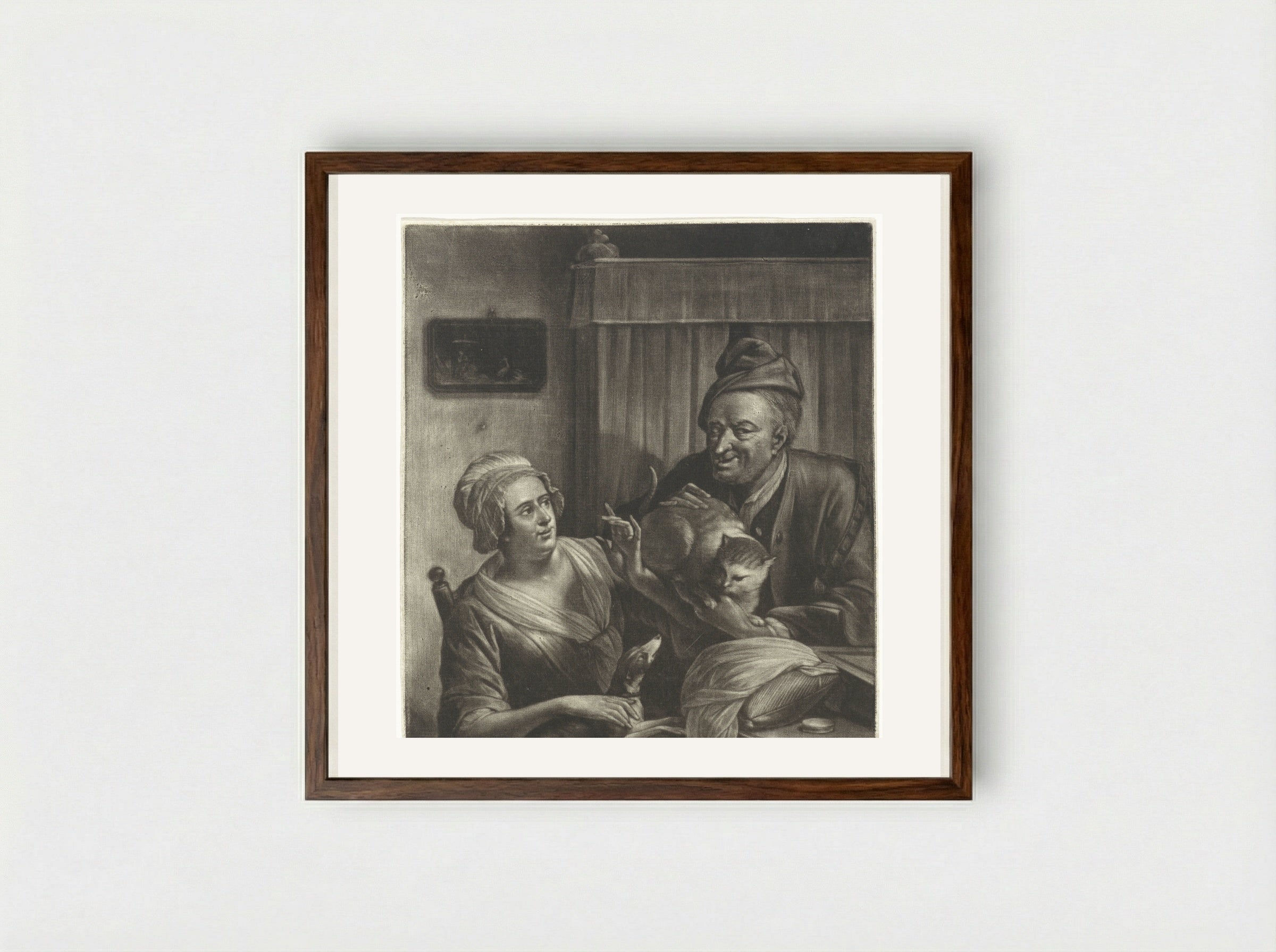 Twee figuren met een hond en een kat - Aert Schouman - Framed Print Dark Wood